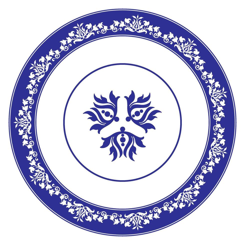 Beautiful round frame arabesque. Blue with white plate with a large element in the center. Vintage, ethnic frame with arabesques EPS. Pattern frame for round surfac, household utensil, textile vector