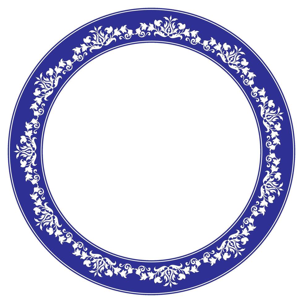 Beautiful round frame arabesque. Blue with white plate. Vintage, ethnic frame with arabesques EPS. Pattern frame for round surfac, household utensil, textile, embroidery, ceramics vector