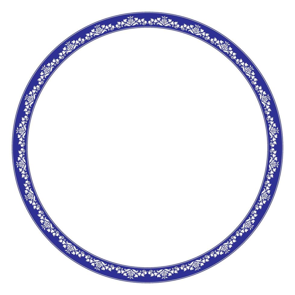 Blue with white plate. Beautiful round frame arabesque. Vintage, ethnic frame with arabesques EPS. Pattern frame for round surfac, household utensil, textile, embroidery vector