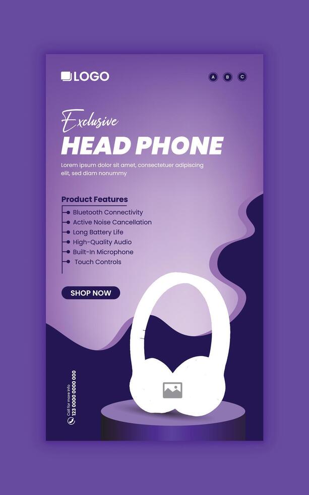 Purple color poster for headphone sale Social media story banner design template vector