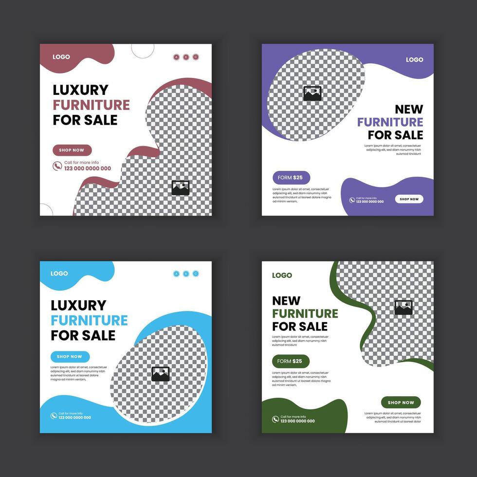 Modern furniture shop social media post design four variation bundle vector