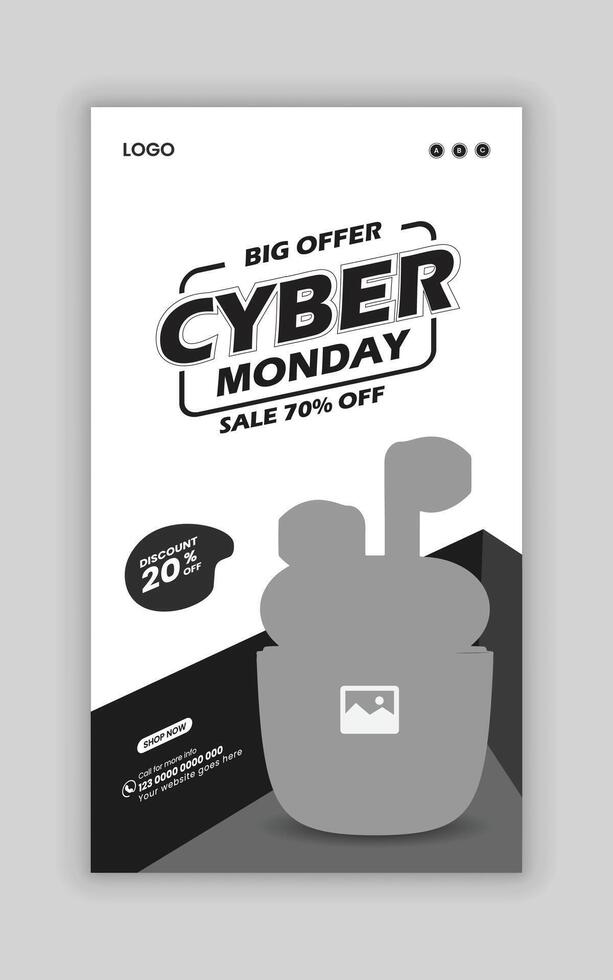 Big offer Cyber Monday social media story banner template and earbud online post design vector