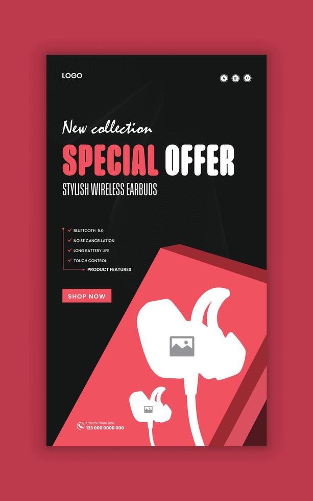 Special offer social media story banner template and earbud online post design vector