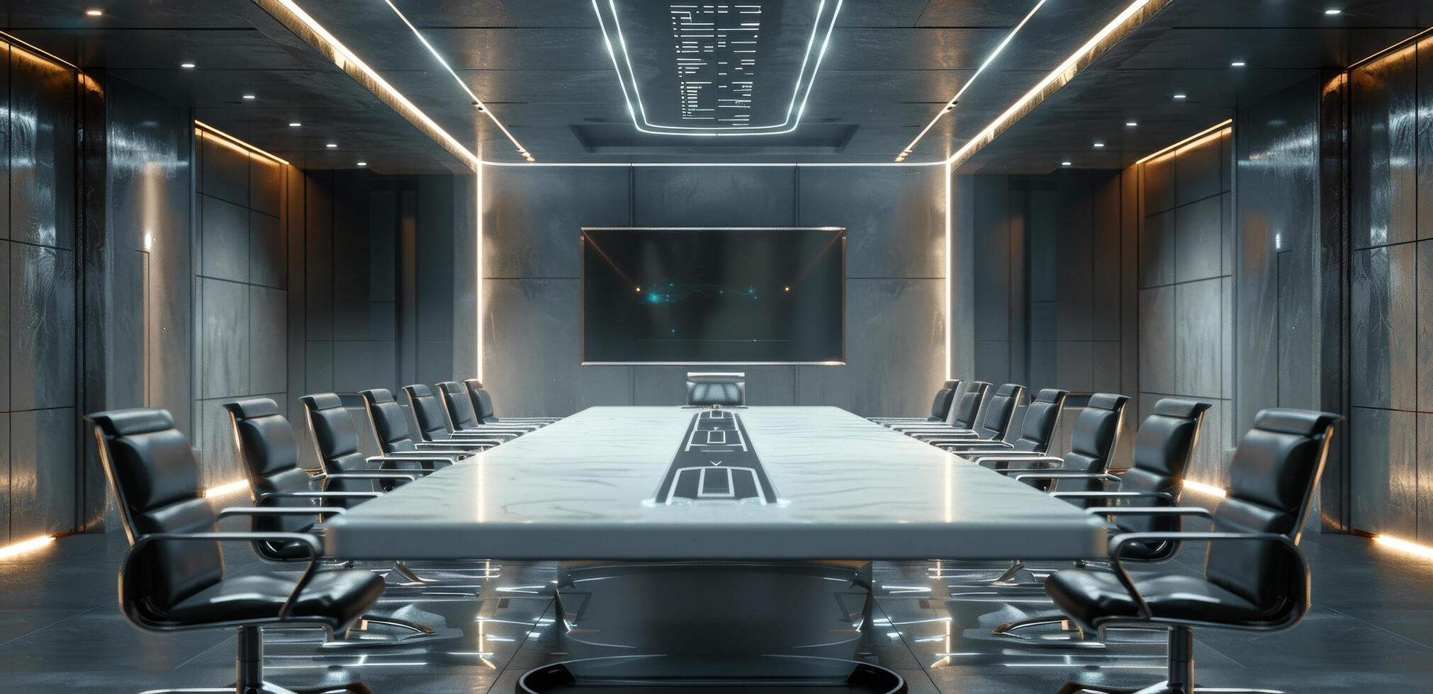 Modern Conference Room With City View and White Table photo