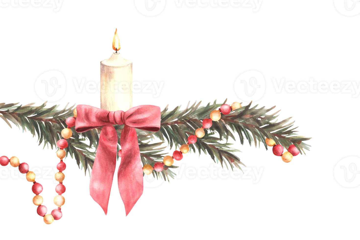 Christmas tree branch with garland and burning white candle with a red bow. Winter advent festive decorated spruce twig. Watercolor hand drawn illustration for greeting card on isolated background png