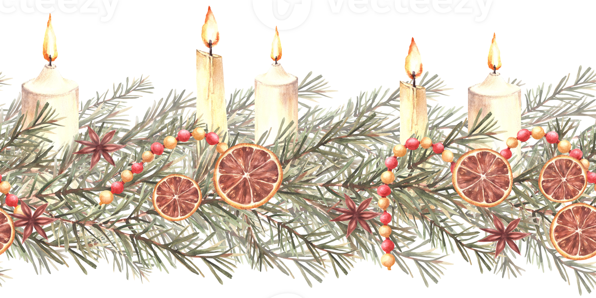 Christmas Spruce branches with candles old fashioned. Watercolor seamless border with vintage garland, dried fruit spices, golden and red balls Festive hand drawn illustration Isolated from background png