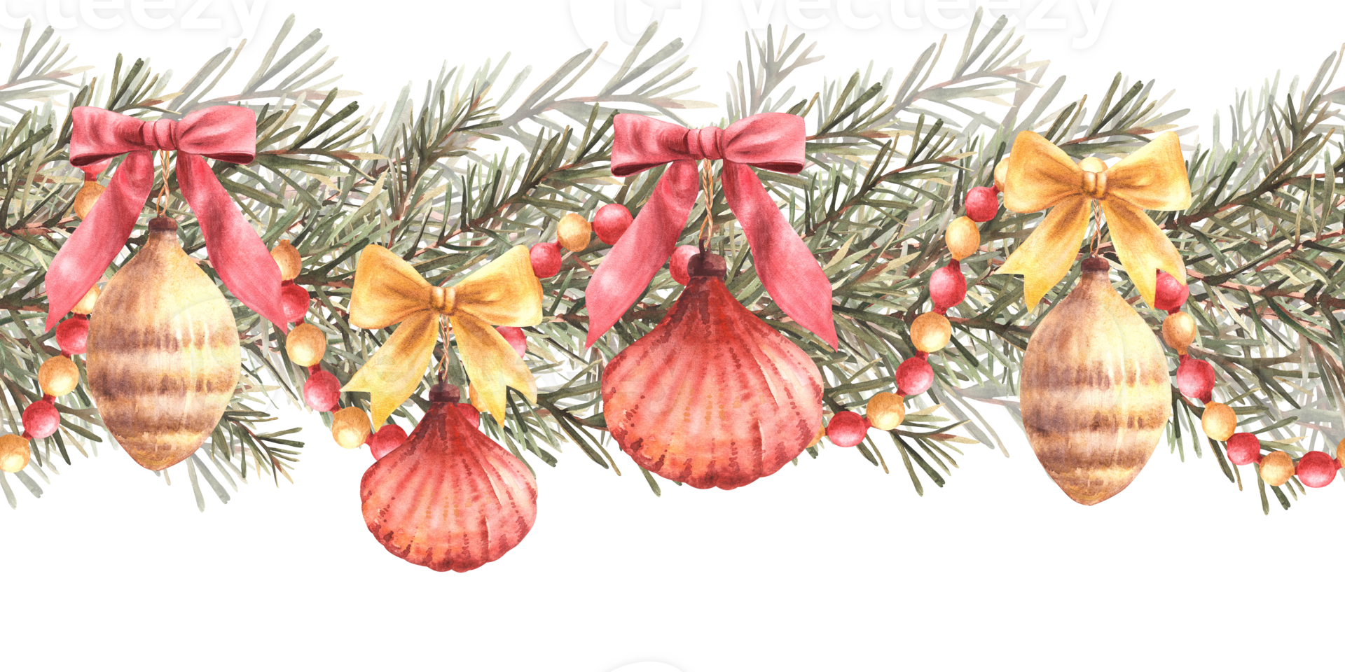Christmas Spruce branches with retro toys, bows, ribbons and red gold vintage garland Watercolor seamless border. Festive pattern, gift wrapping paper. Hand drawn illustration isolated from background png