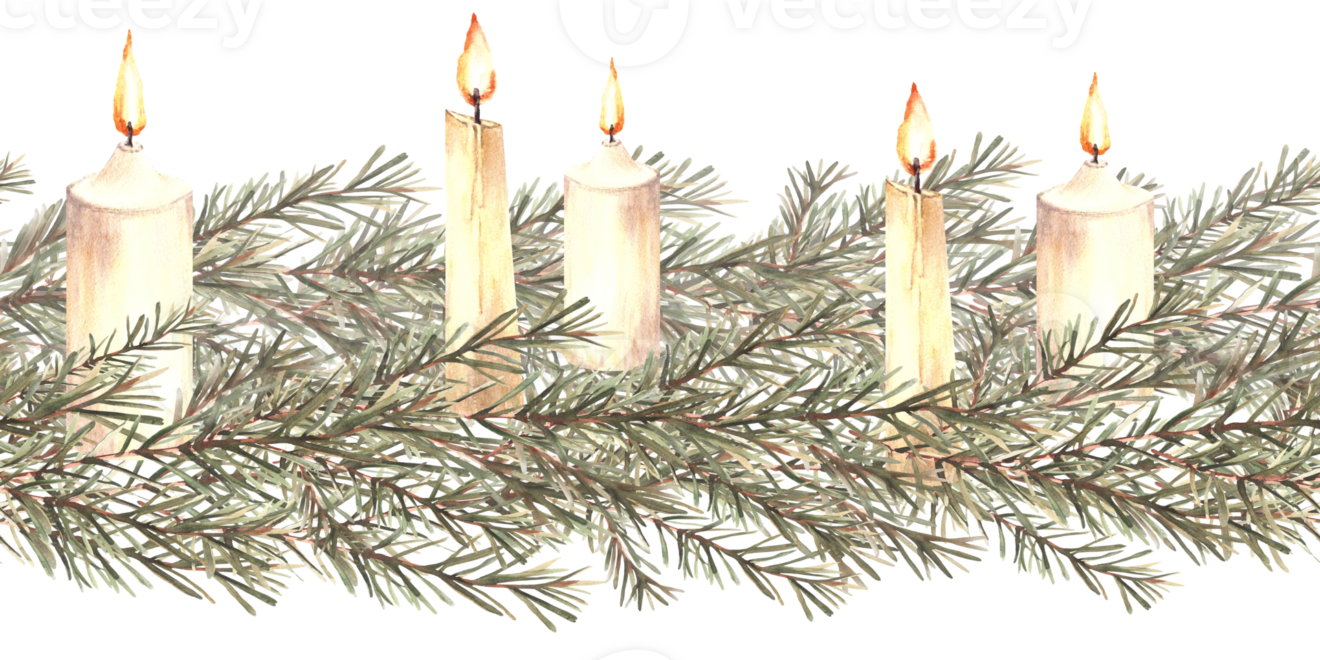 Spruce branches with burning white candles. Watercolor Christmas seamless border. Festive advent clipart for card, New year, holiday wrapping paper. Hand drawn illustration Isolated from background png
