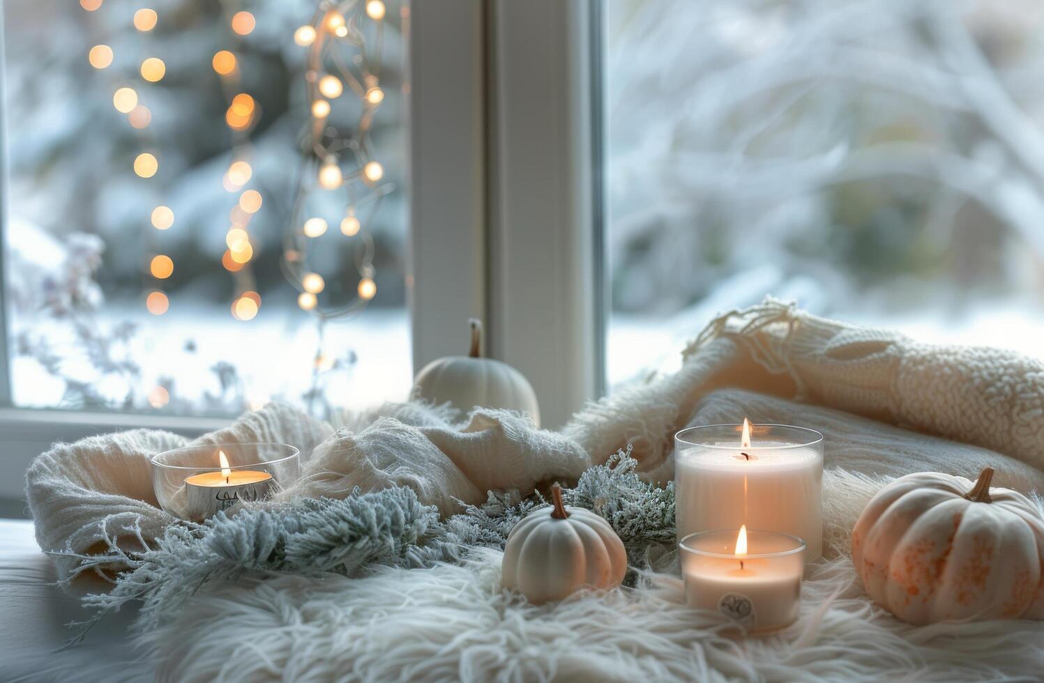 Cozy Winter Windowsill With Burning Candles and White Pumpkins photo