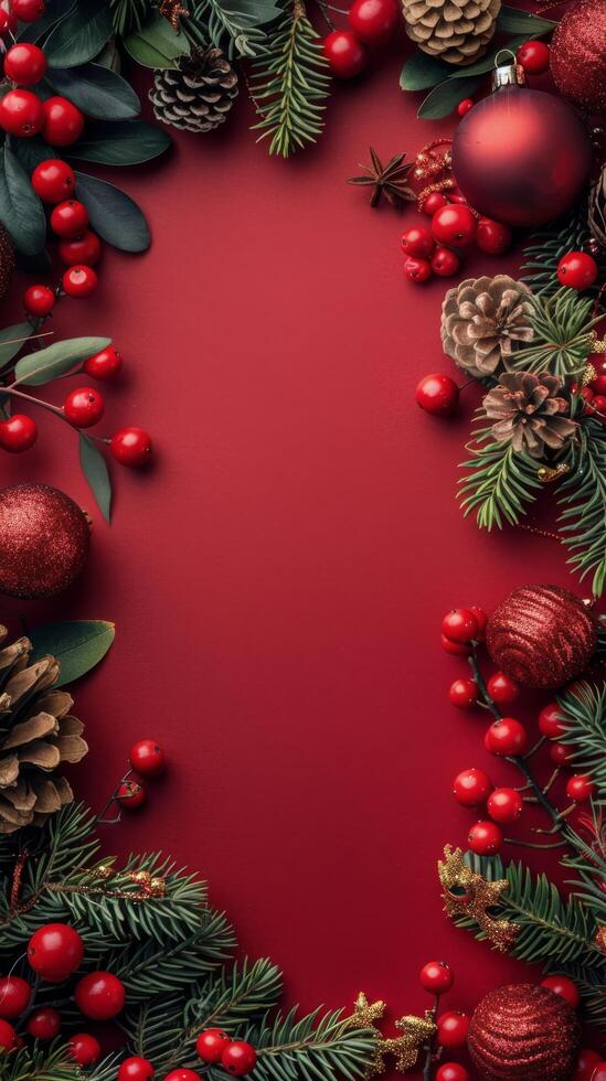 Red Background With Christmas Decorations and Pine Cones photo