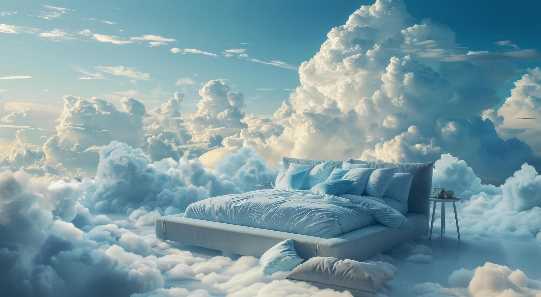 Bed Above The Clouds With Blue Sky And Fluffy Pillows photo