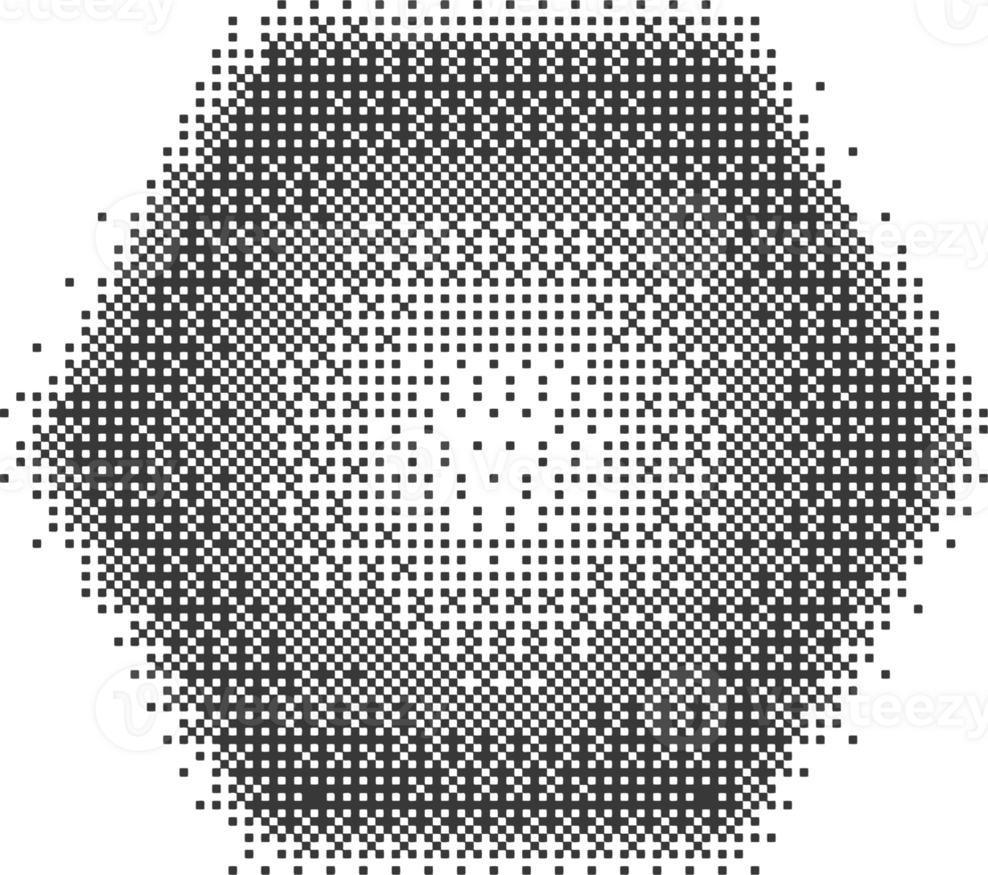 Bitmap pixel arcade game effect. Hexagon y2k halftone shape. Dither aesthetic gradient pentagon icon. 2000s design grainy illustration png