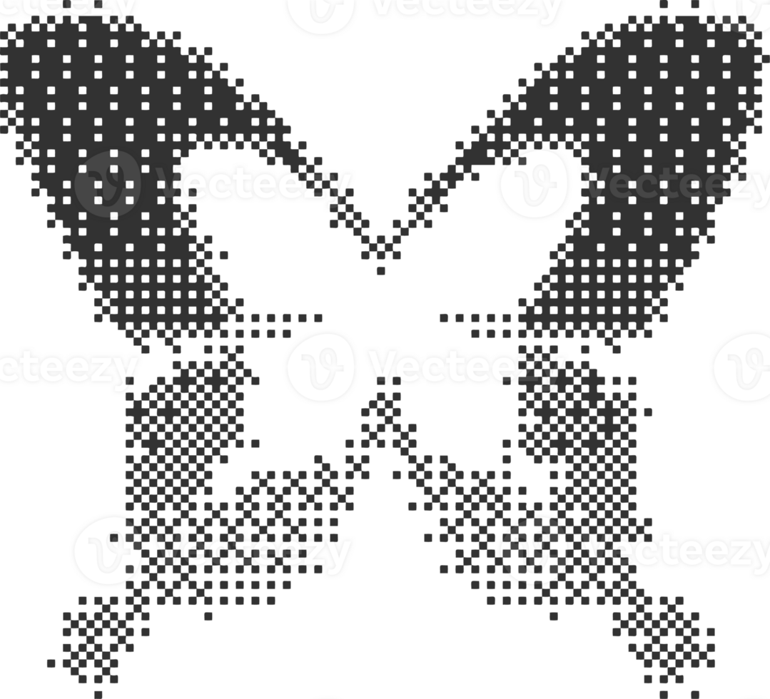 Bitmap pattern abstract butterfly shape. Halftone gradient element. Graphic abstract icon. Dither noisy grunge texture. png