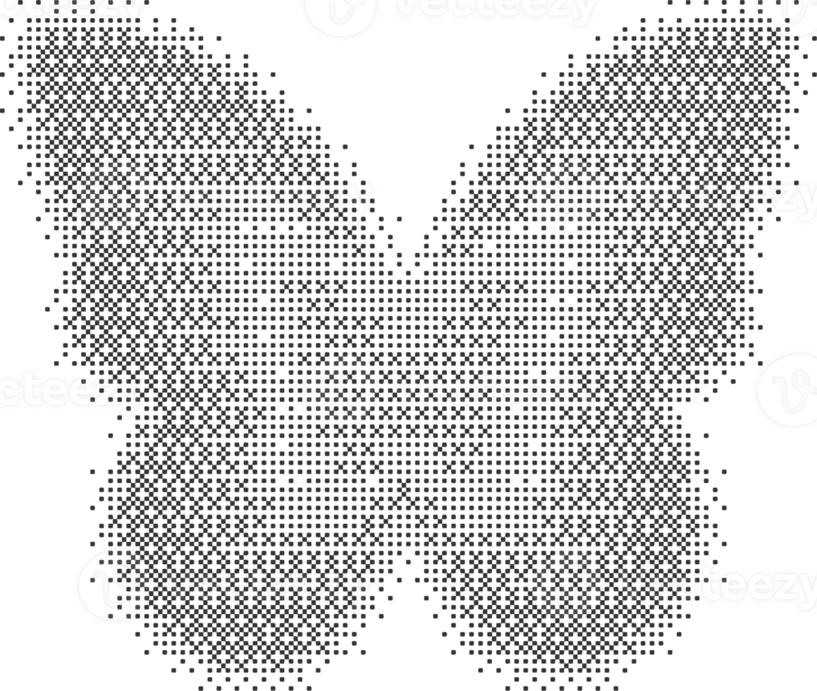 Bitmap pattern abstract butterfly shape. Halftone gradient element. Dither noisy grunge texture. Graphic abstract icon. Noisy grunge texture. png