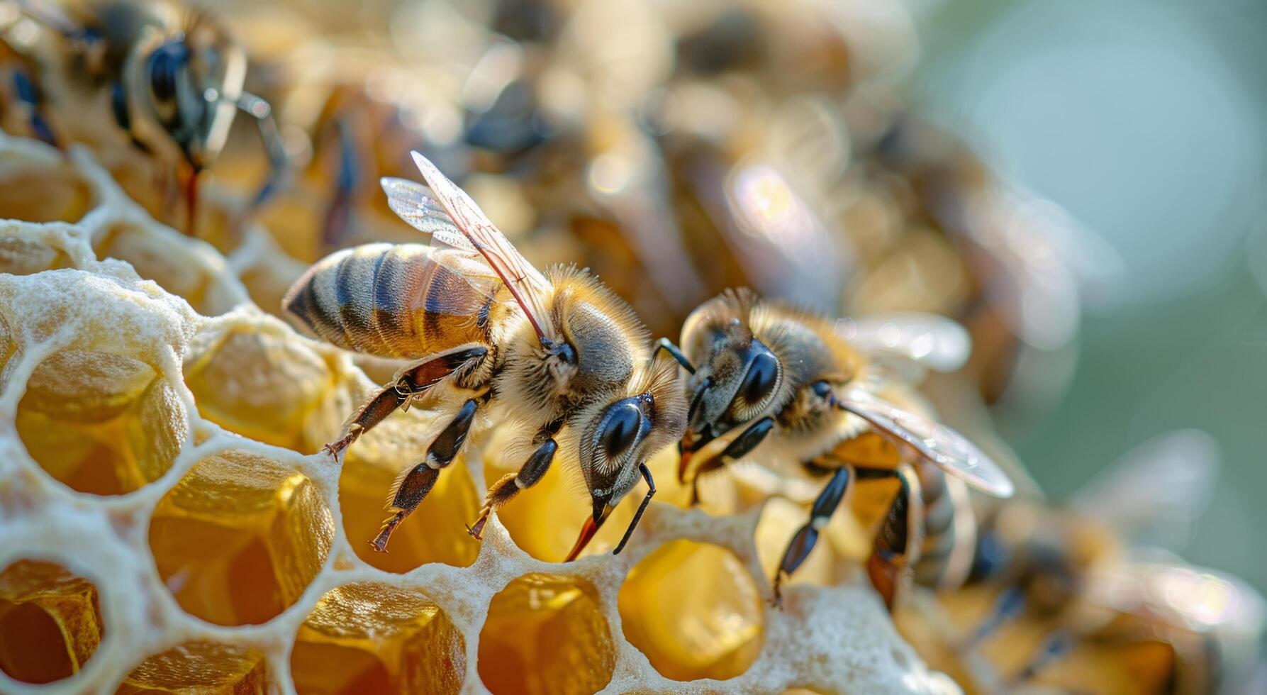 Closeup of Honey Bee Working on Honeycomb photo