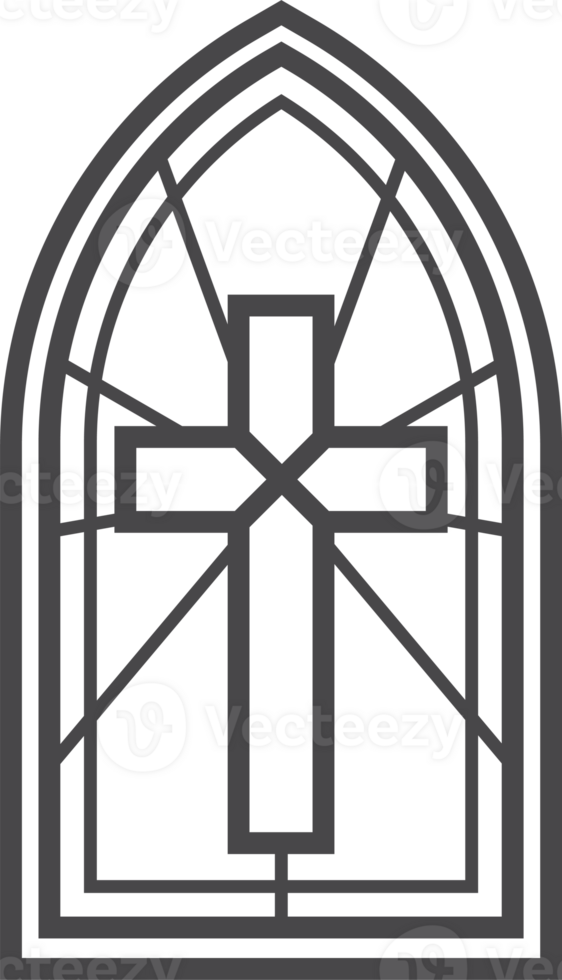 Church glass window with catholic cross. Gothic cathedral arch with pattern. Medieval stained frame. Silhouette of vintage architecture outline illustration png