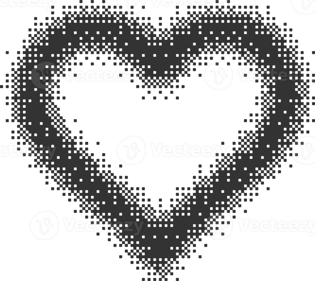 Bitmap pixel arcade game effect. Hearts y2k halftone pattern shape. Dither aesthetic gradient glow icon. 2000s design grainy illustration png