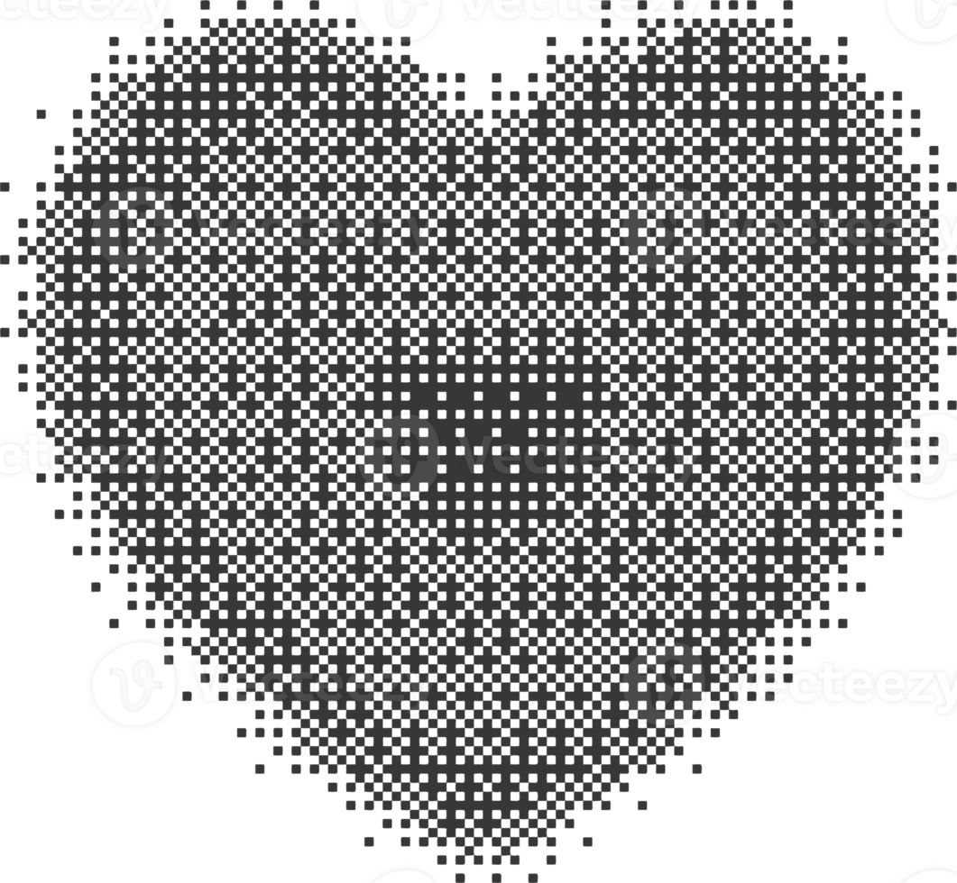 Pixel pattern shape. Textured with bitmap Y2k dither gradient. Retro heart with old computer game graphic effect. Halftone grunge illustration png