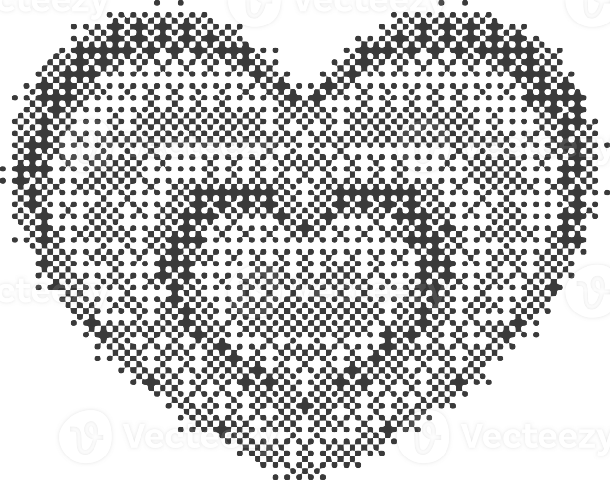 Pixel pattern heart. Bitmap dotted texture symbols of love. Retro design element with color gradation. Y2k grainy digits halftone shape. Valentine day grunge figures png