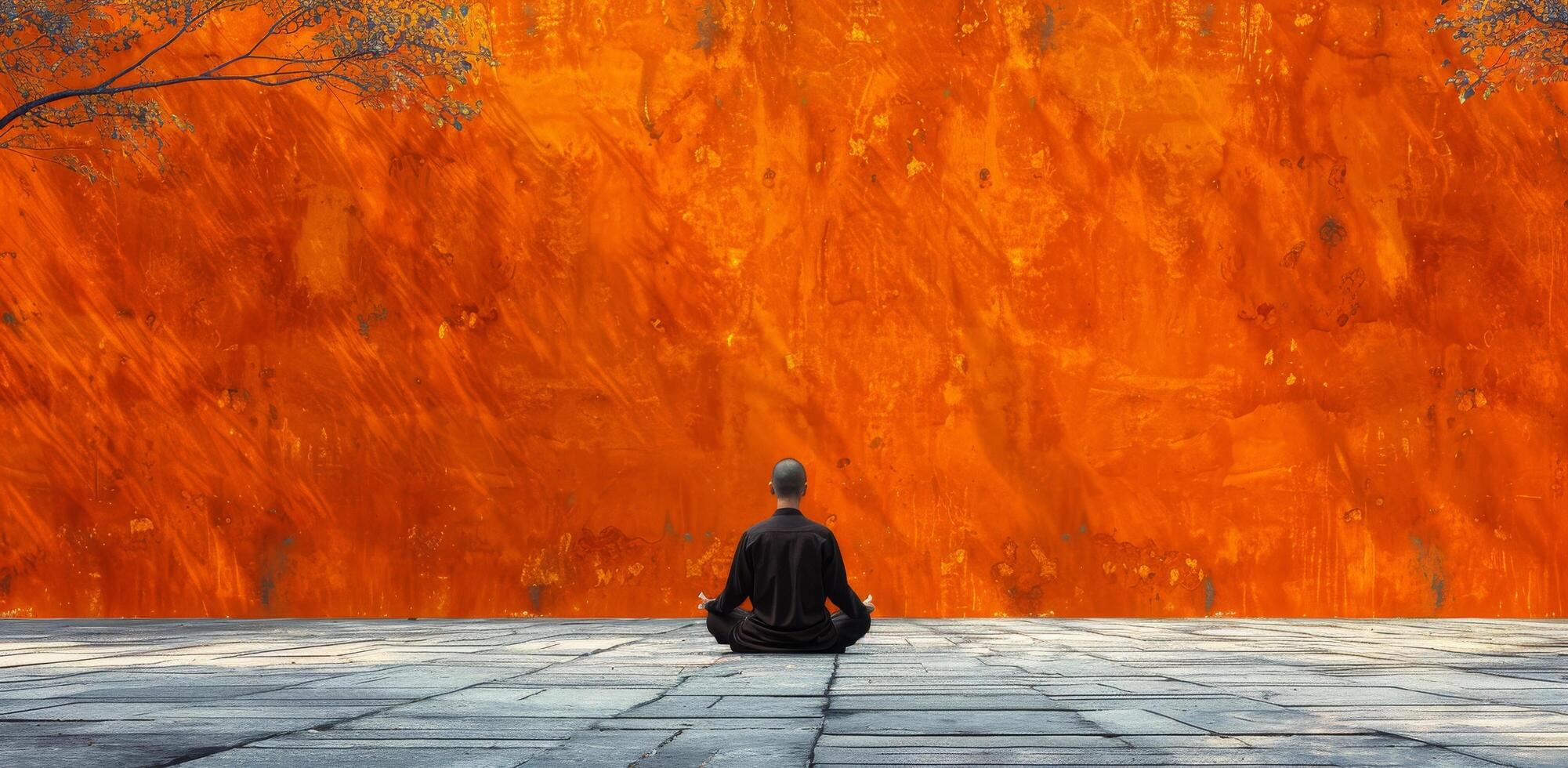 Buddhist Monk Meditating in Front of a Large Orange Wall photo