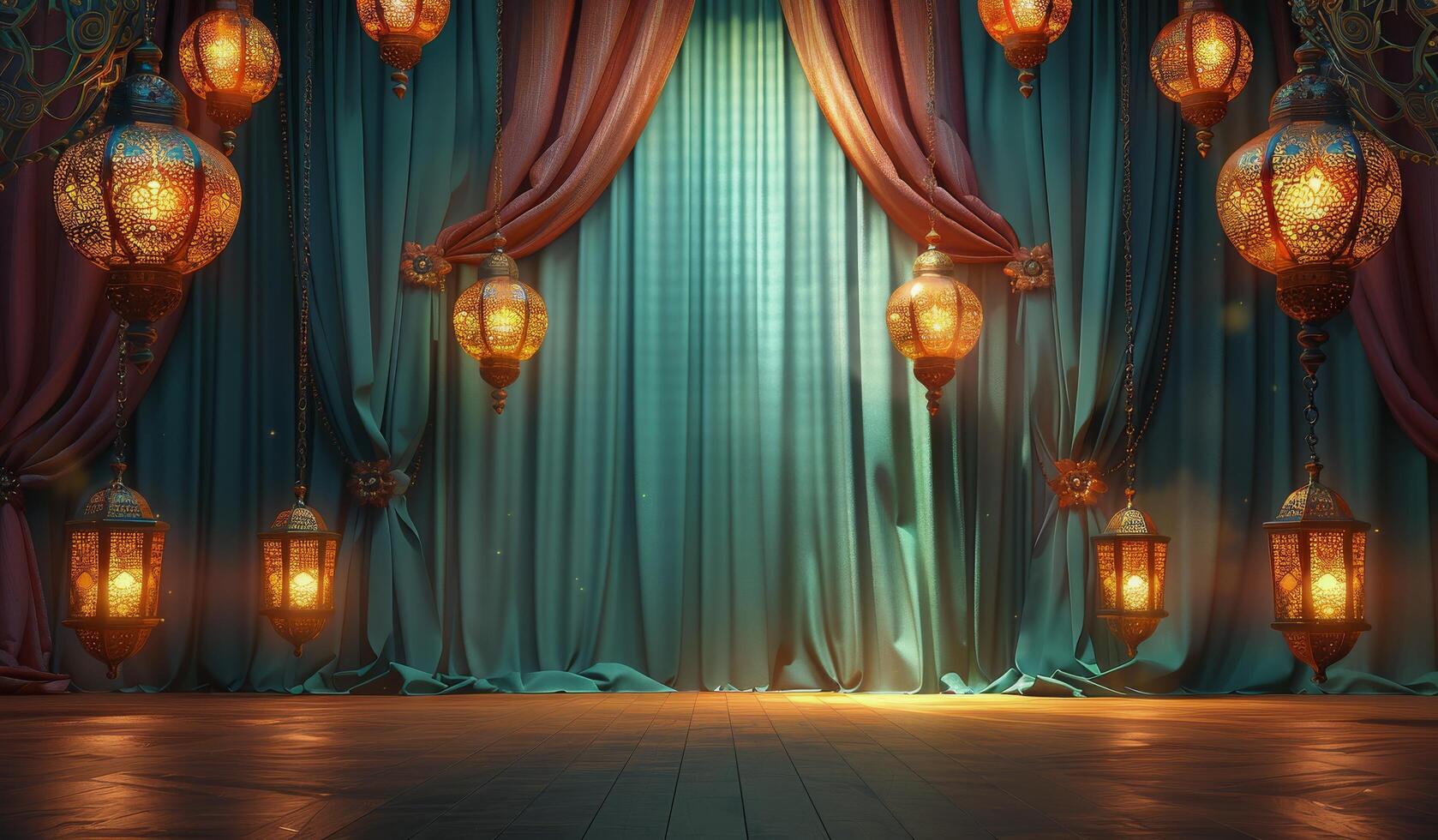 Ornate Golden Lanterns Hanging in Front of Teal Curtains photo