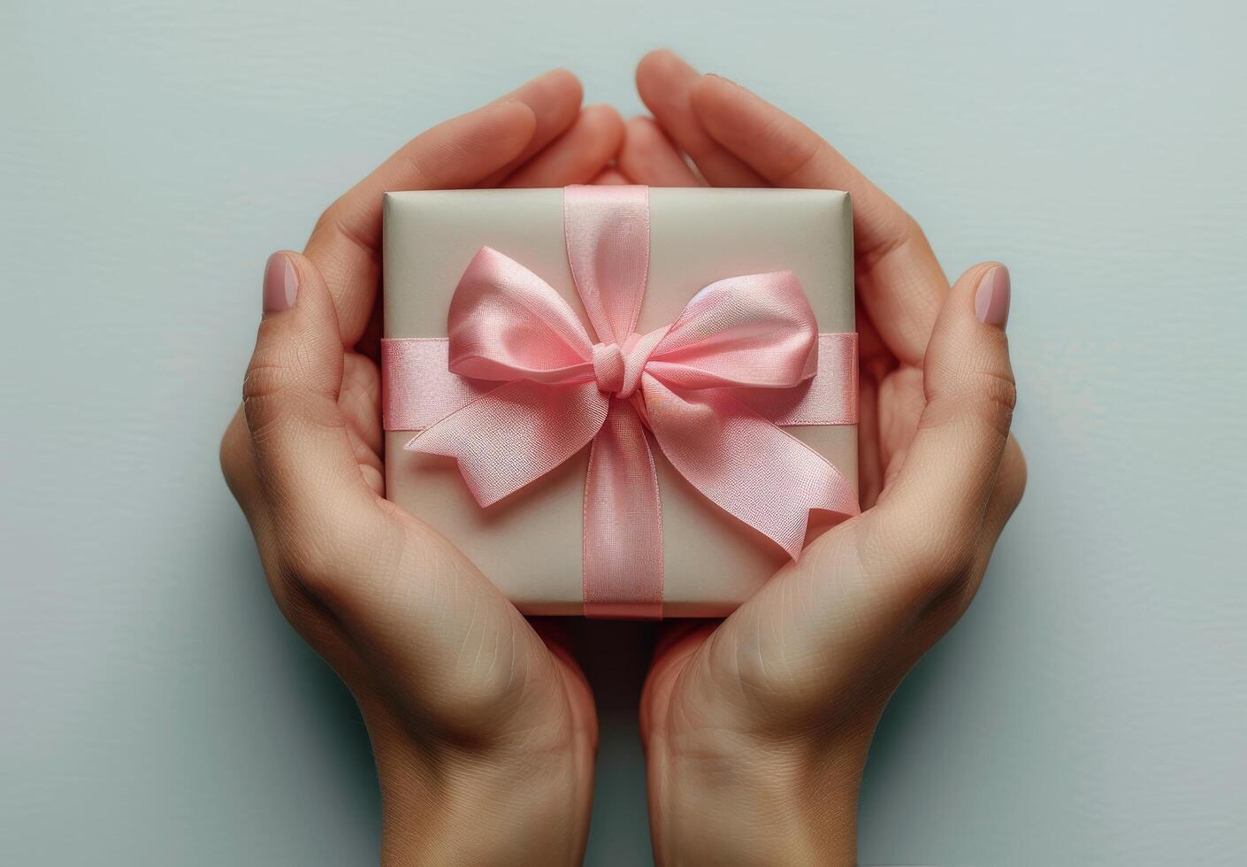 Close Up Of Two Hands Holding A Pink Gift Box With A Bow photo