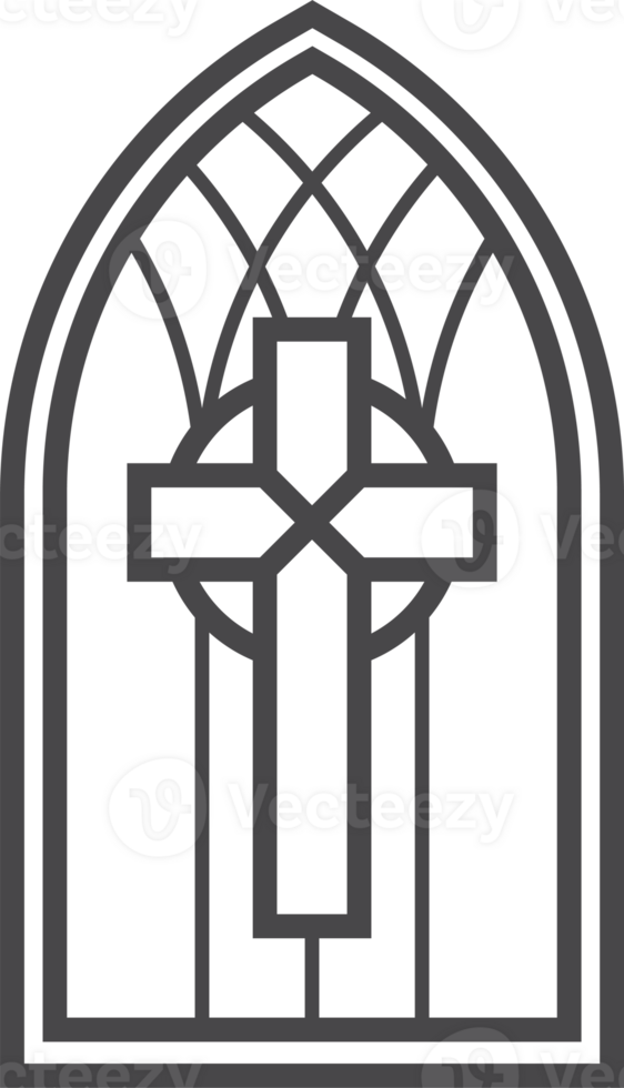 kerk glas venster met Katholiek kruis. gotisch kathedraal boog met patroon. middeleeuws gebrandschilderd kader. silhouet van wijnoogst architectuur schets illustratie png