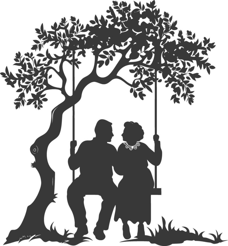 Silhouette of elderly couple sitting on swing under tree vector