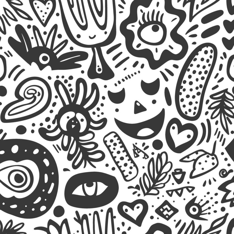 A black and white doodle pattern with various objects vector