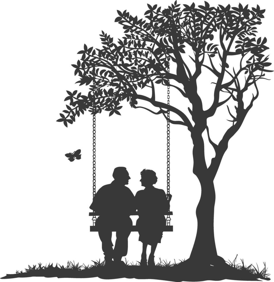Silhouette of an old couple sitting on a swing vector