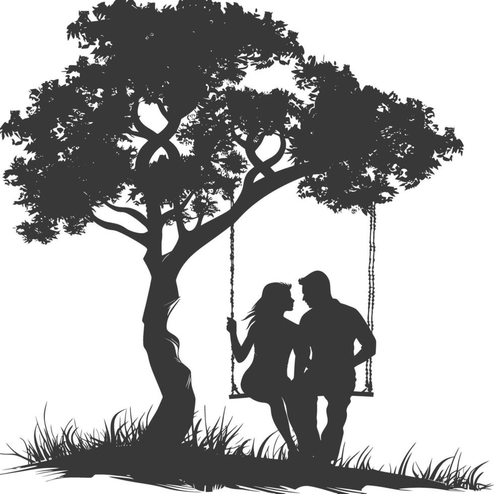 Silhouette of a couple sitting on a swing under a tree vector
