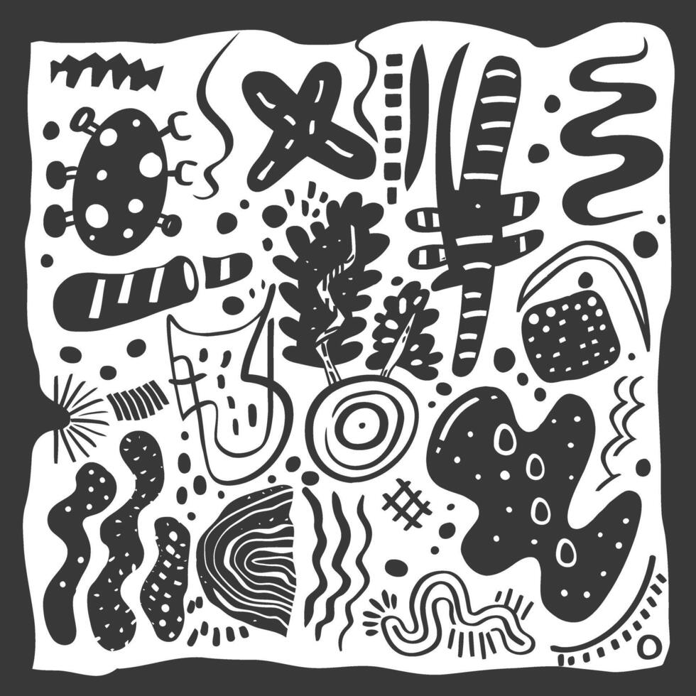 A black and white drawing of various shapes and patterns vector