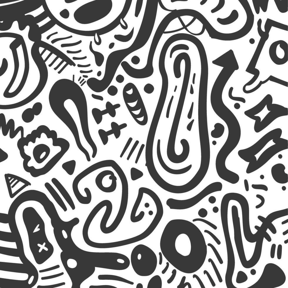 A black and white doodle pattern with various symbols vector