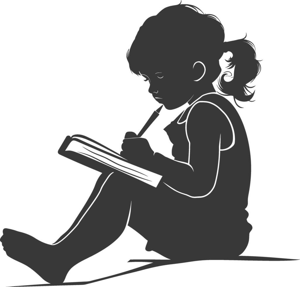 Silhouette of a little girl sitting and writing vector