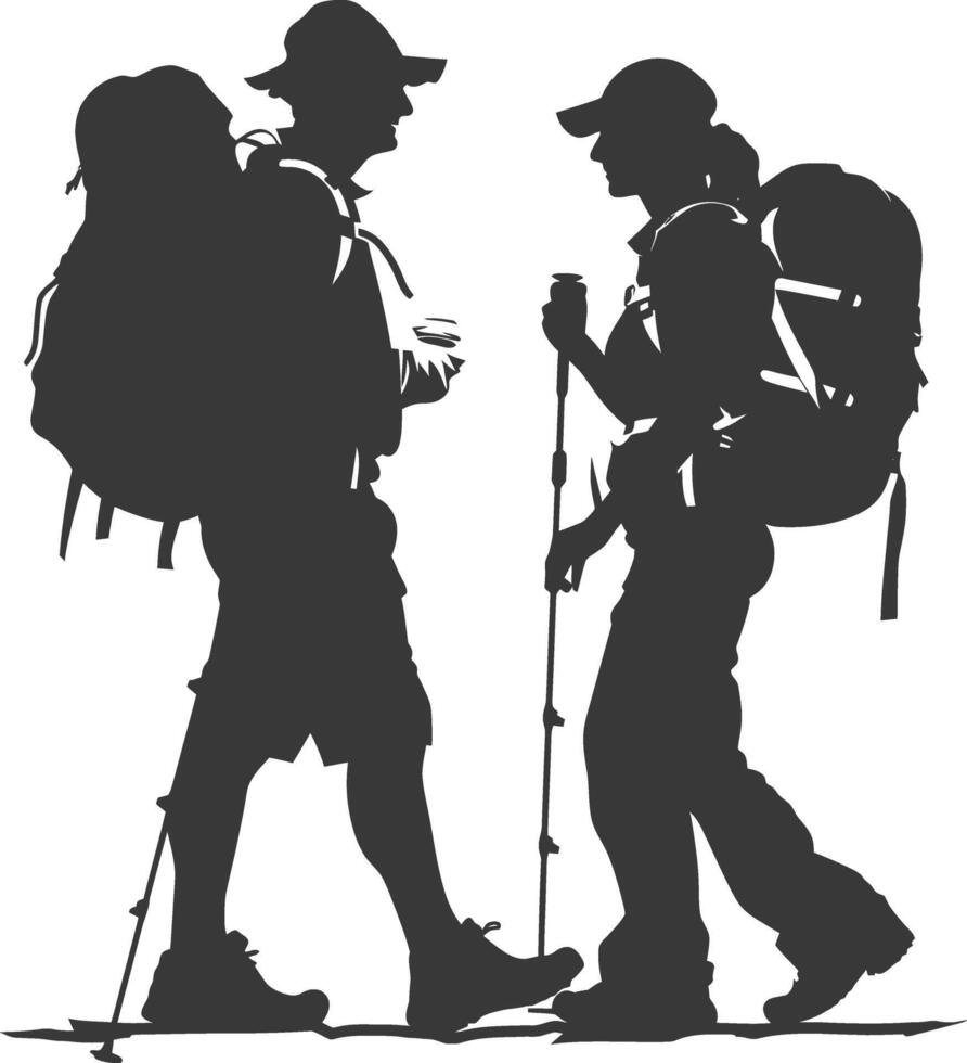 Silhouettes of two hikers with backpacks vector