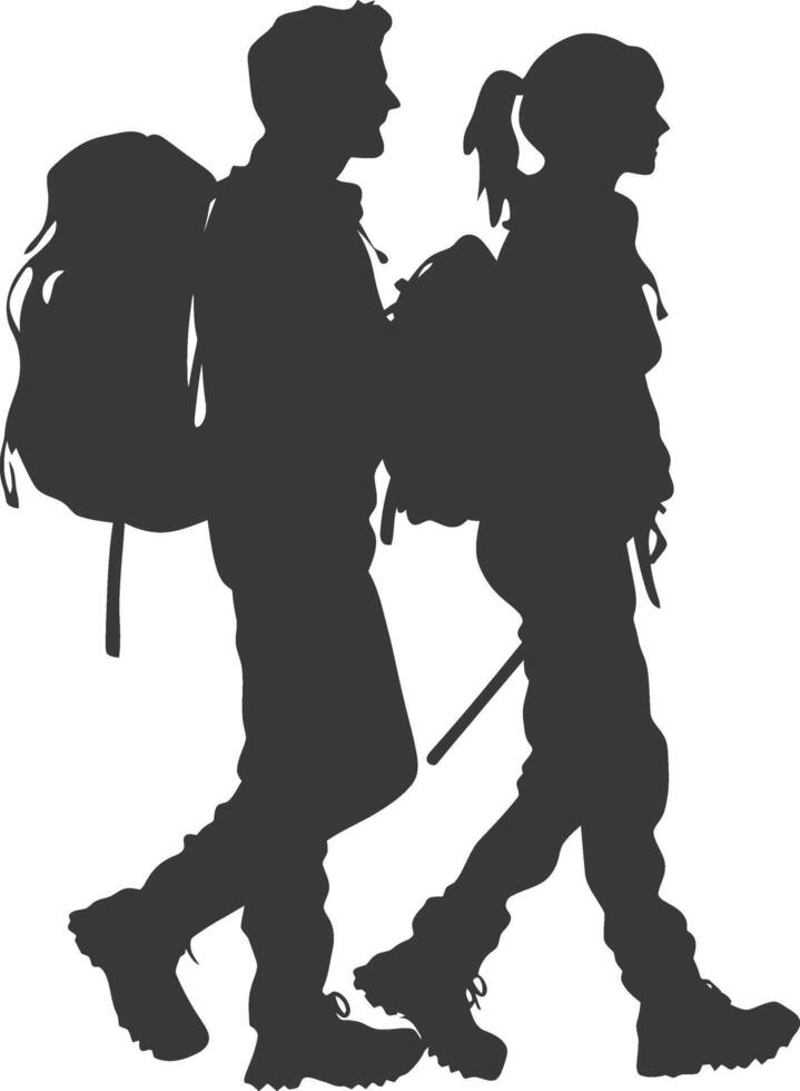 Silhouette of two people with backpacks walking vector