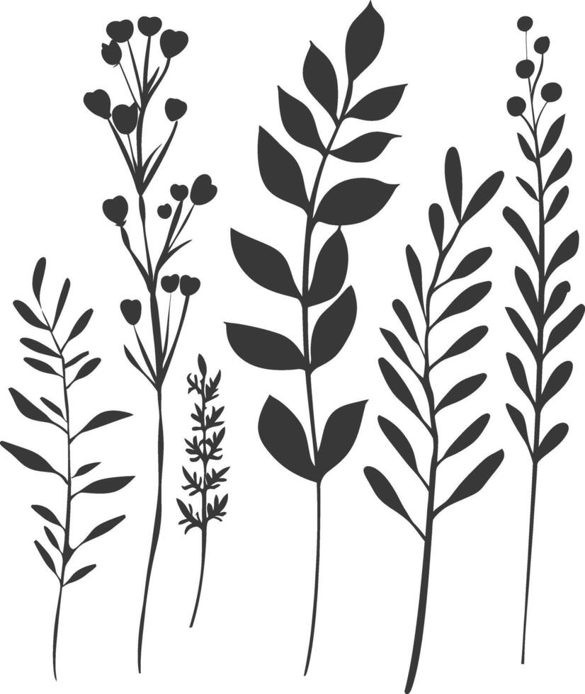 A set of black and white silhouettes of plants vector
