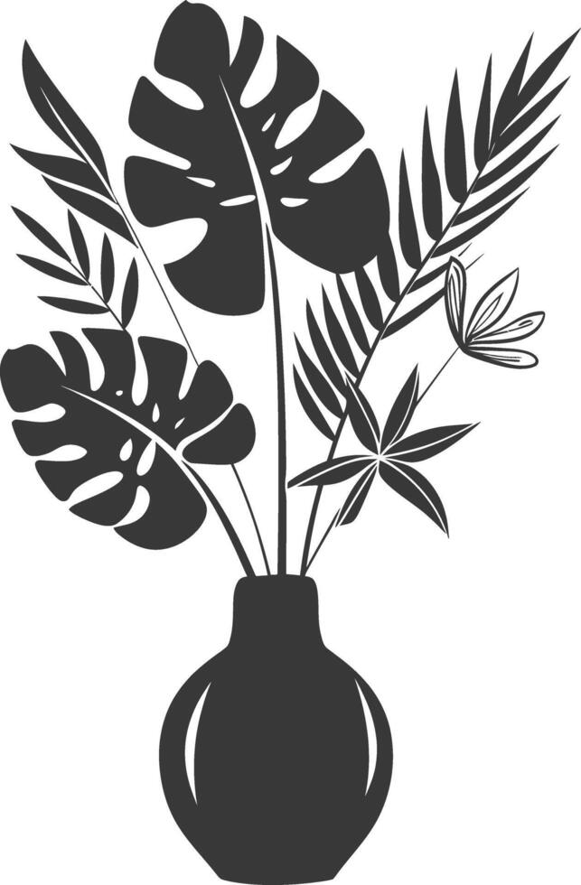 A black and white illustration of a vase with plants vector