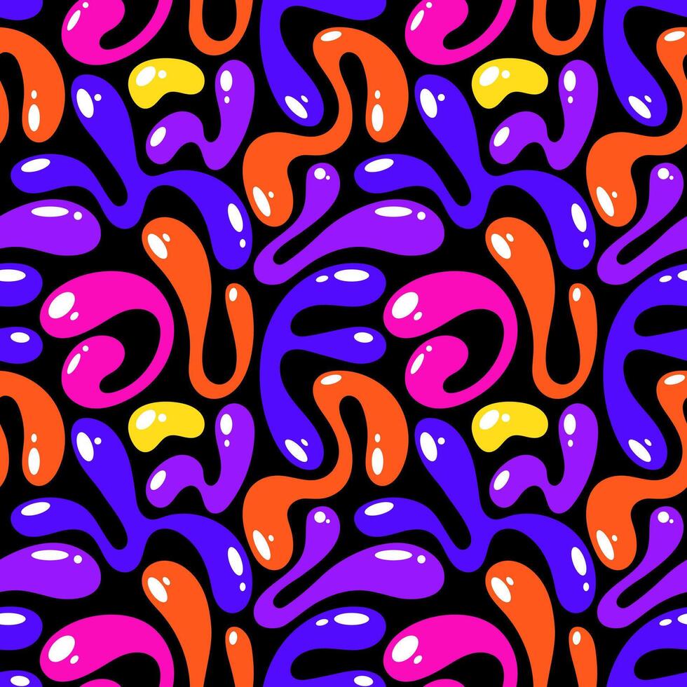Liquid abstract organic blob shapes seamless pattern. Wavy elements bubbles and drops in trendy y2k style. Childish colorful background. vector