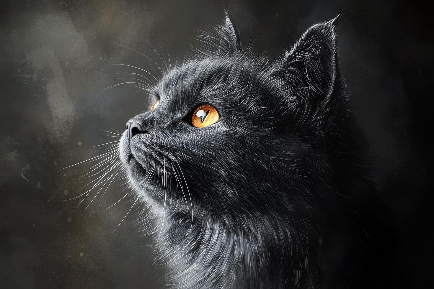 A striking black cat gazes thoughtfully into the distance against a dramatic backdrop photo