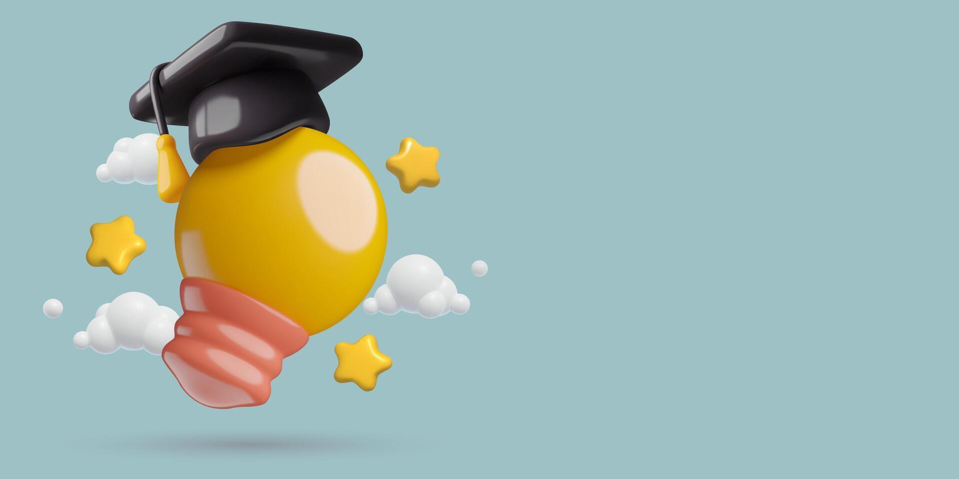 Education and teaching technology background with 3d light idea bulb graduation hat and stars vector
