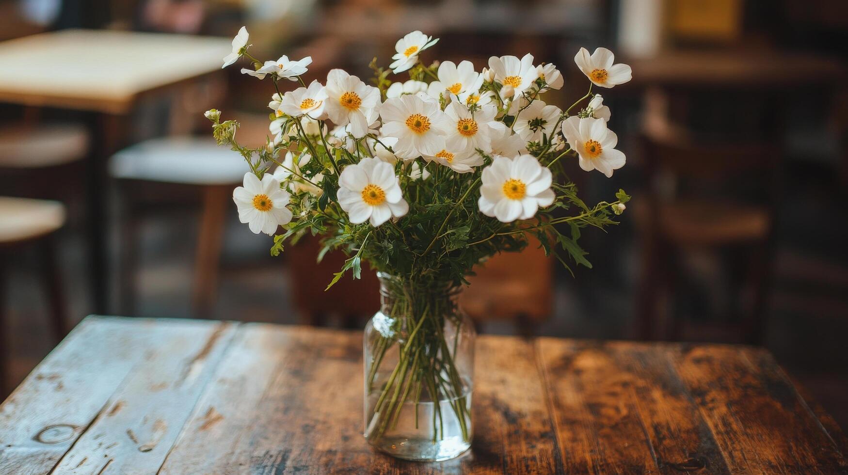 A lovely bouquet of white flowers in a jar on a rustic table at a sunset cafe photo