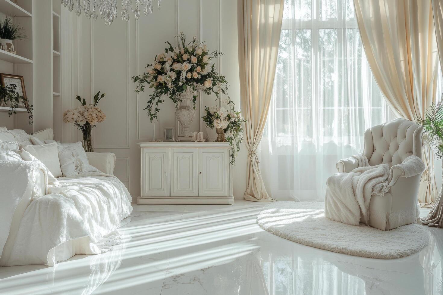 Elegant living room with large windows and bright natural light in a serene environment photo