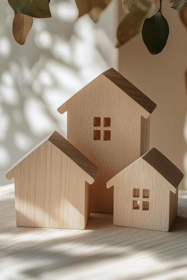 Collection of wooden house models displayed on a wooden surface in a neutral toned setting photo