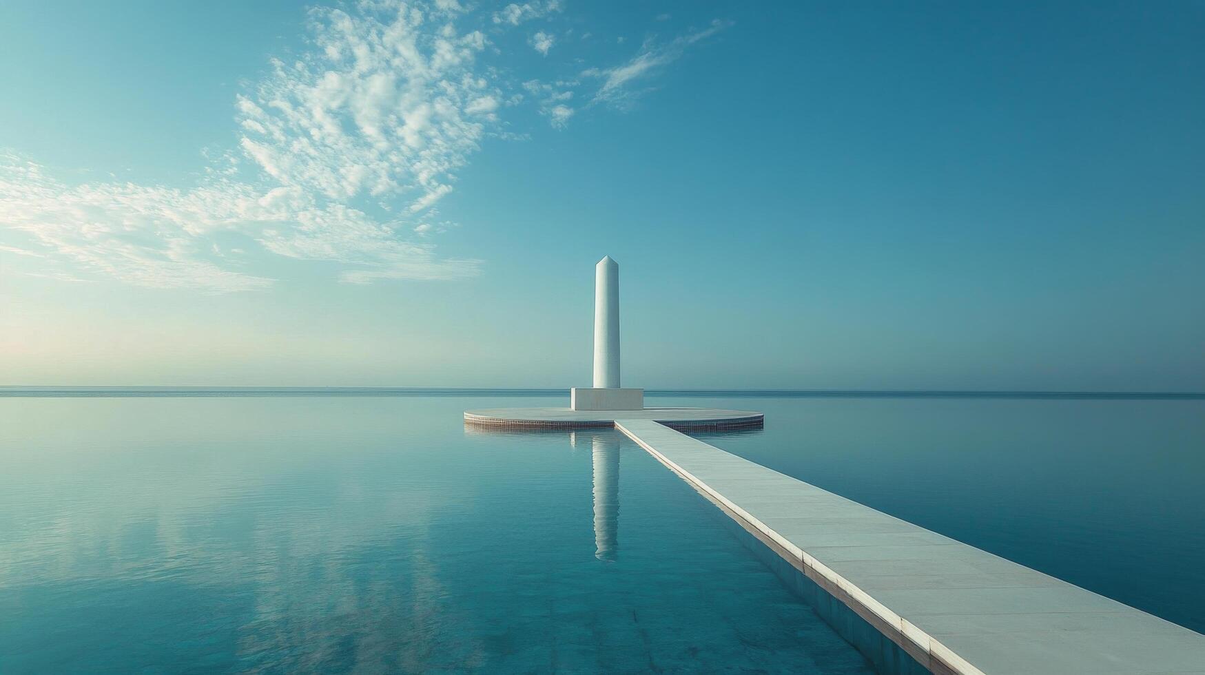 A minimalistic white obelisk reflecting in the tranquil blue waters under a clear sky at dawn photo