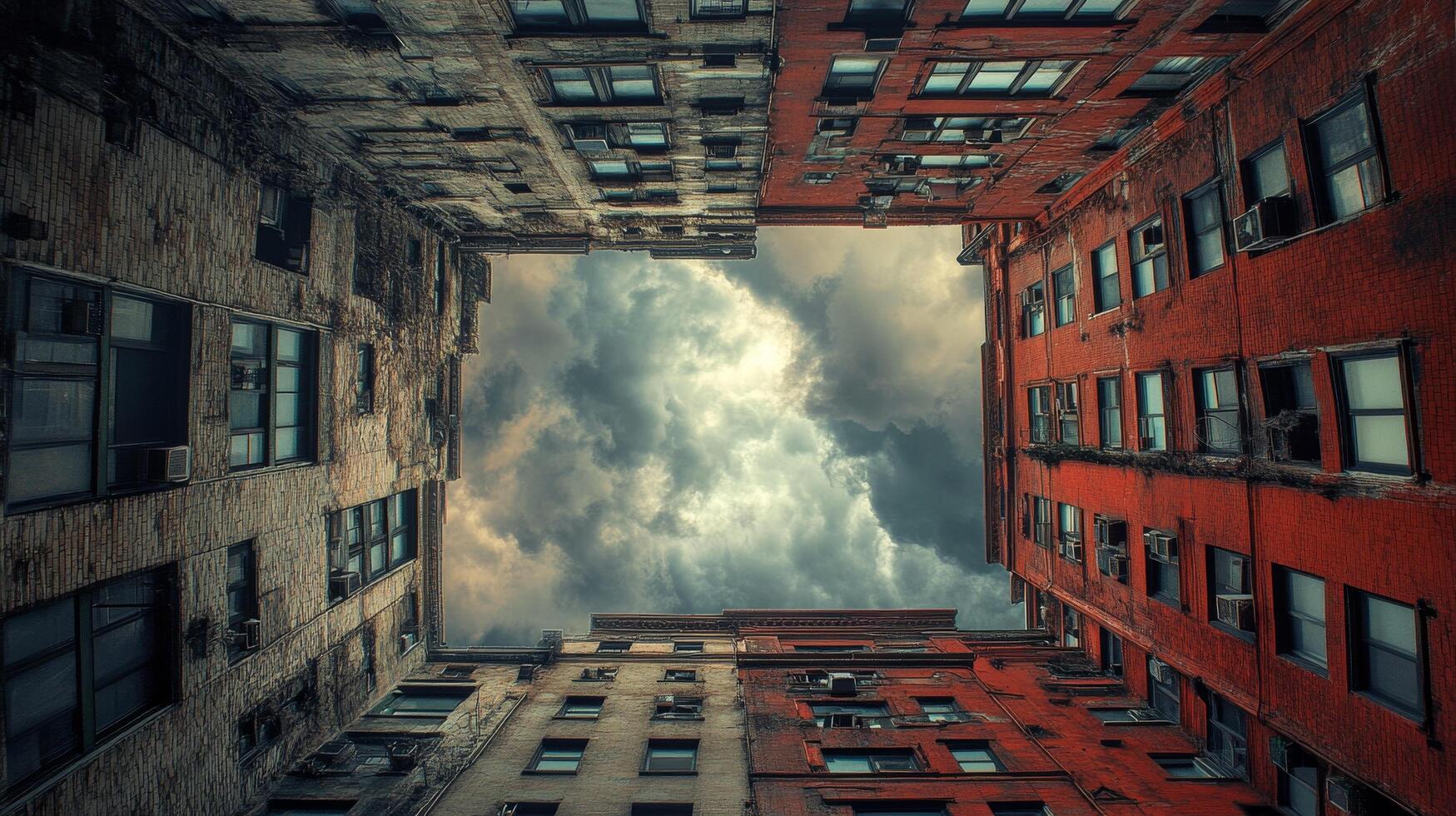 Looking up at a vibrant urban alleyway surrounded by historic buildings and cloudy sky photo
