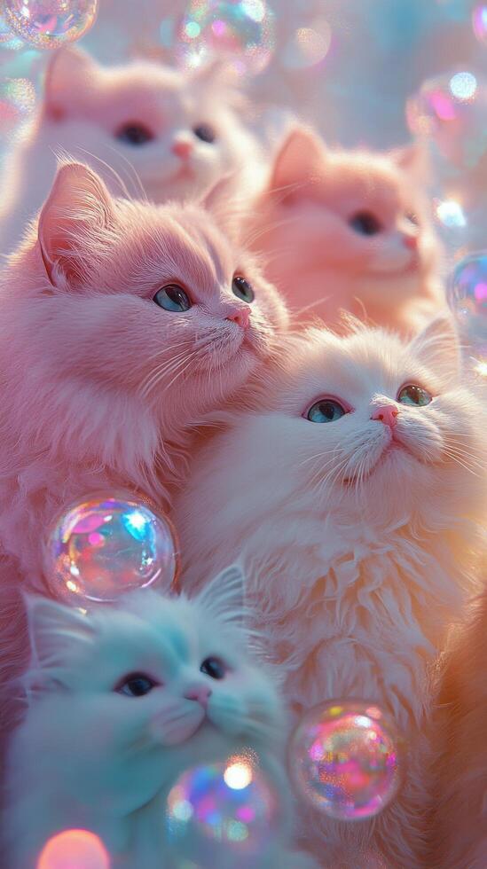 Group of fluffy kittens gazing upwards among colorful bubbles in a soft light setting photo