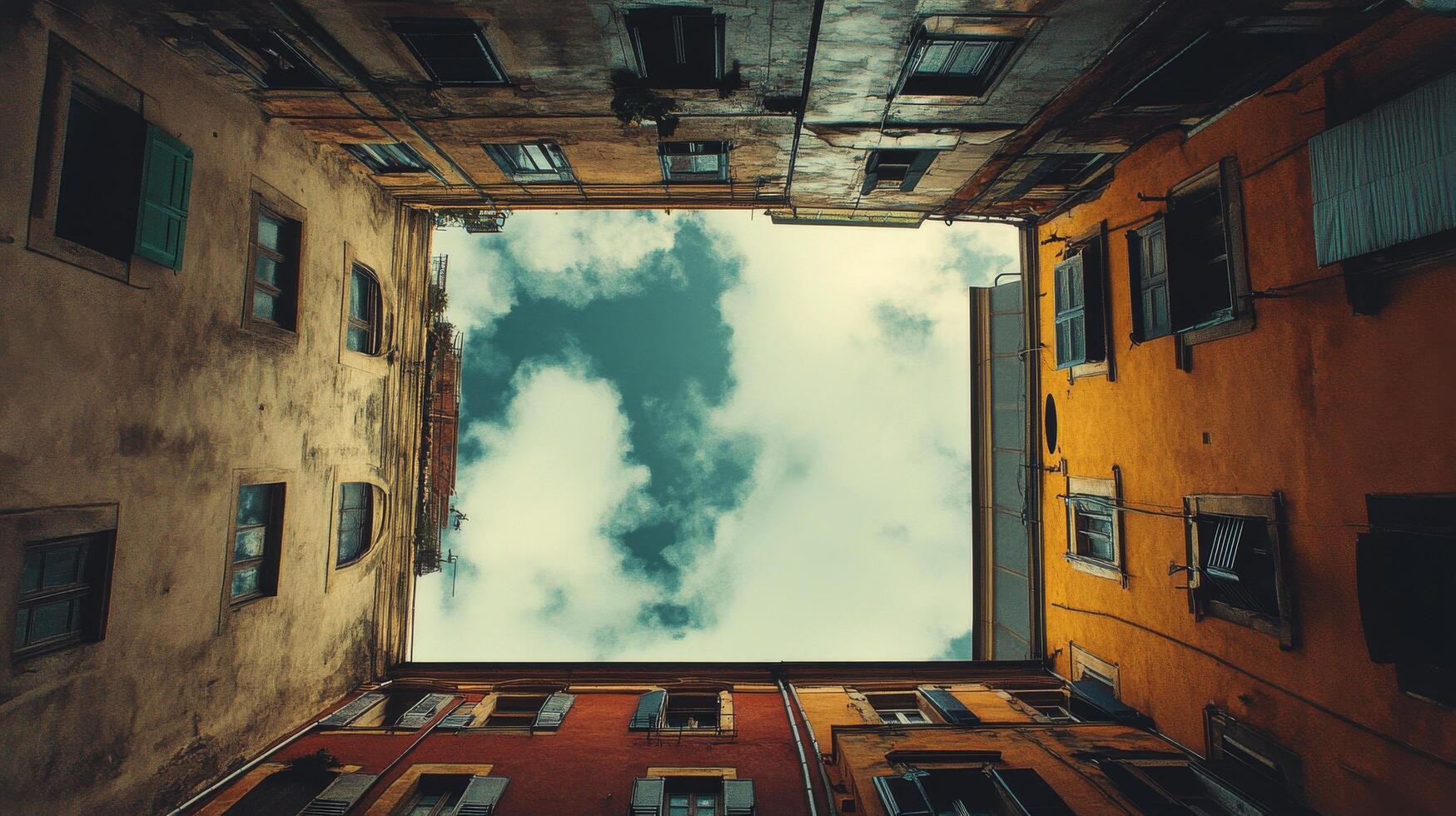 Looking up at a vibrant urban alleyway surrounded by historic buildings and cloudy sky photo