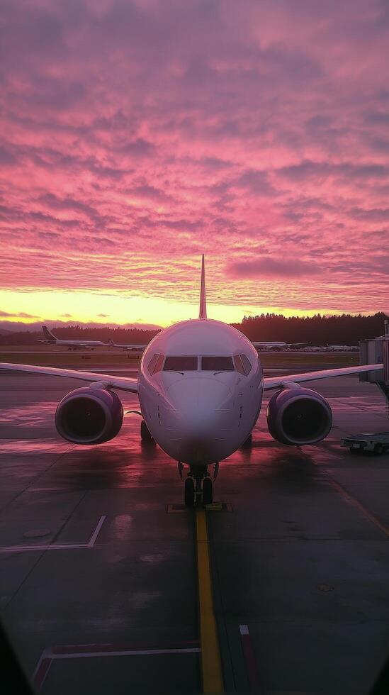 Sunset view of an airplane at the airport with vibrant skies in the background photo