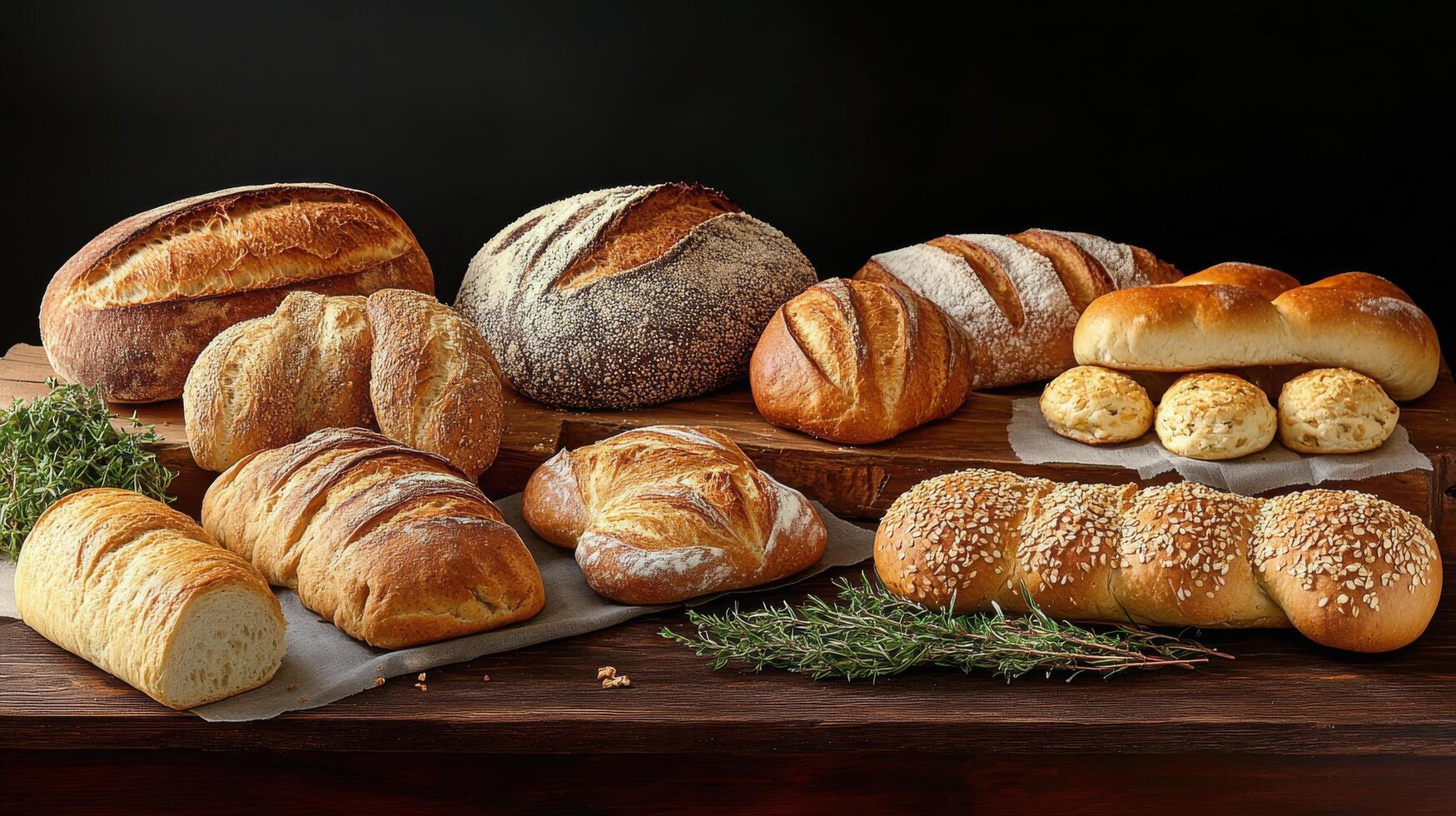 Variety of freshly baked bread arranged on a wooden surface in a kitchen setting photo
